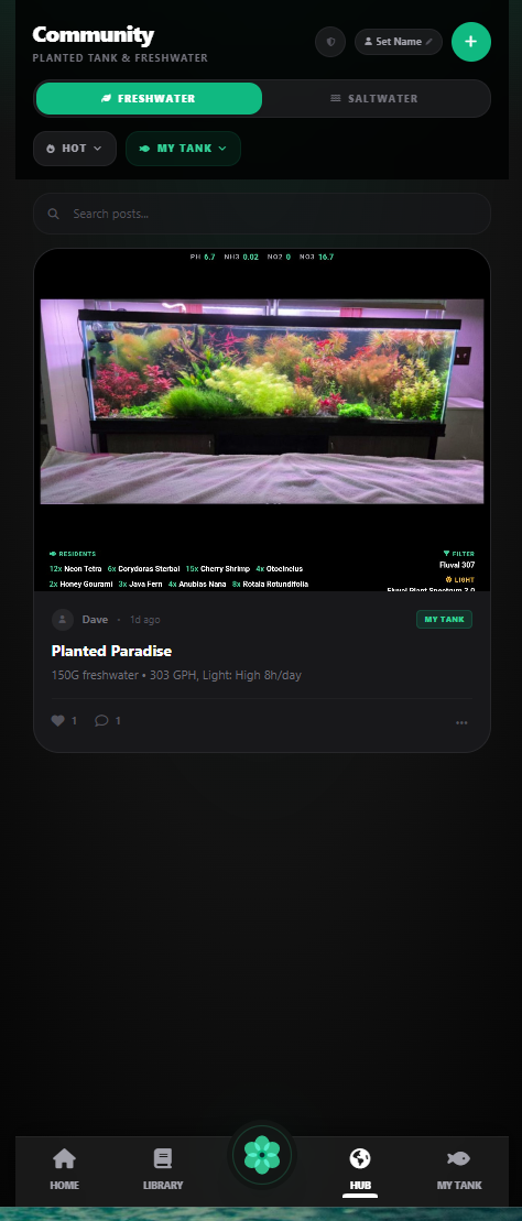 Community Hub showing tank showcases with parameters