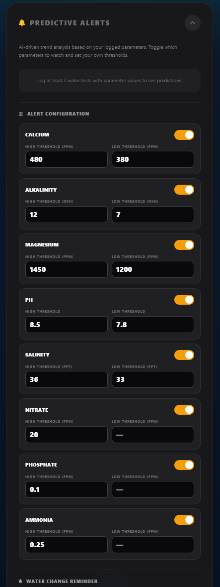 Predictive Alerts with configurable thresholds for calcium, alkalinity, pH
