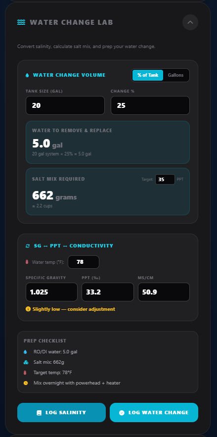 Water Change Lab with salinity calculator and prep checklist